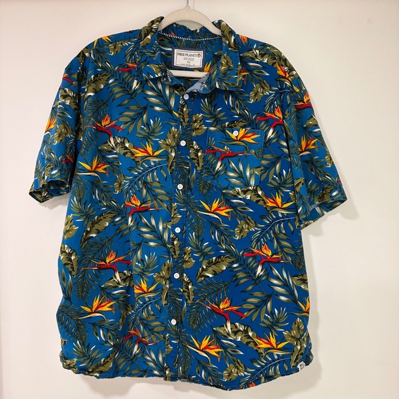 Free Planet Tropical Bird of Paradise Shirt Mens 2X Blue Cotton Aloha - Picture 1 of 7